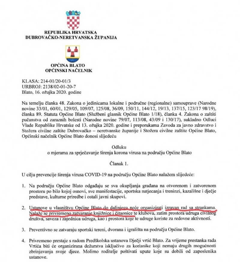 odluka o mjerama korona 001